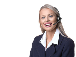 Woman with call center headset on white background.