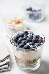 Healthy breakfast with muesli, yogurt and fruit