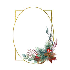 Floral winter golden frame watercolor illustration. Hand drawn natural Christmas decor with pine, cone, eucalyptus branch, acorn, oak leaves and berries. Seasonal decoration on white background