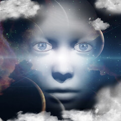 Woman face in space. 3D rendering