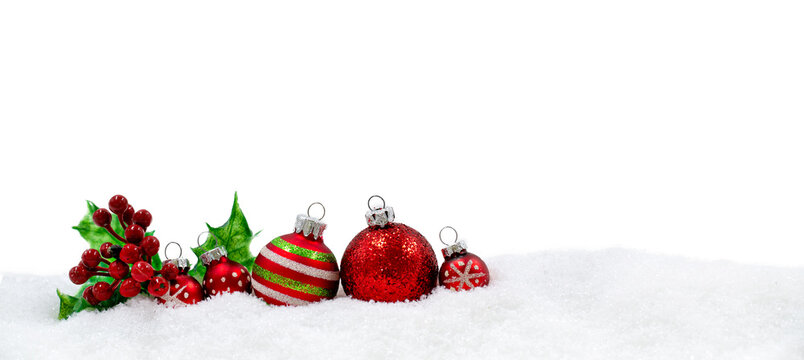 red christmas balls on snow card banner background