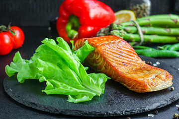 fried salmon fish bbq grill seafood portion meal on the table tasty serving size portion top view copy space for text food background rustic
