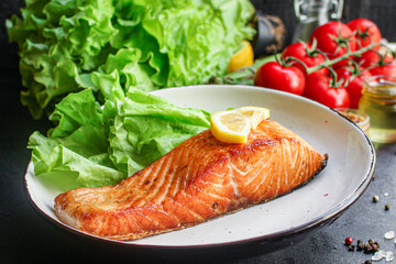 fried salmon fish bbq grill seafood portion meal on the table tasty serving size portion top view copy space for text food background rustic