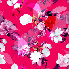 Seamless background pattern. Abstract flowers, peony, tulips with leaves on red. Hand drawn illustration. vector - stock.