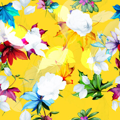 Seamless background pattern. Abstract flowers, peony, magnolia with leaves on yellow. Hand drawn illustration. vector - stock.