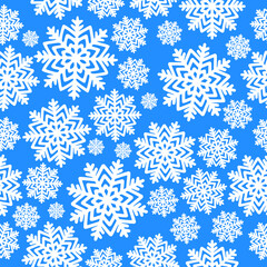 White snowflakes on the blue background seamless pattern. Falling snow, christmas ornament, celebration. Different sizes snowflakes, vector graphics. Print for wrapping paper, fabric, background.