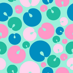 Seamless pattern, doodles on a blue background. Different pastel colors, blue, pink, light pink, green. Heart-shape doodles. Print for wrapping paper, fabric, background. 