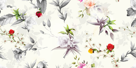 Wide seamless background pattern with wild flowers, bamboo and tropical leaves on light pastel. Hand drawn illustration. vector - stock.
