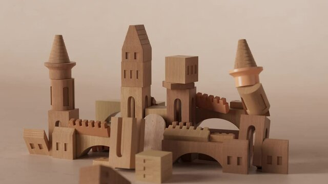 3d render of abstract castle. 3d render of wooden toy blocks structured in castle figure. Time reverse demolition animation.