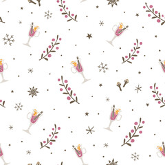 Cozy mulled wine ingredients seamless pattern. Glass of mulled wine, herbs, spice, cloves, anise. Can be used for wallpaper, fabric, wrapping paper or holiday decoration. Vector shabby hand drawn illu