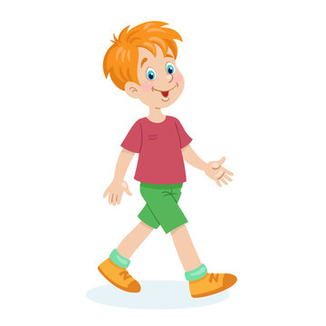 Funny red haired boy going. In cartoon style. Isolated on white background. Vector flat illustration.