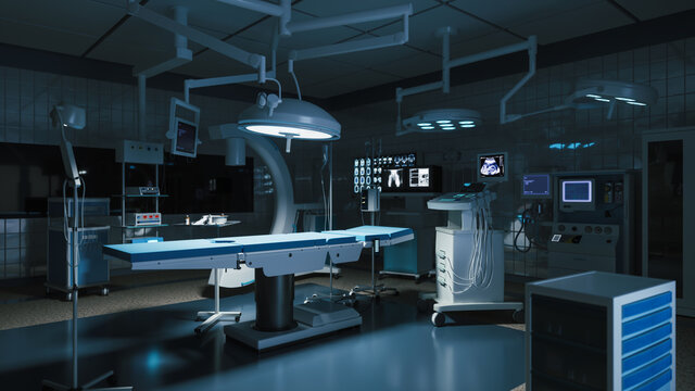 Empty operating room. Operating room with switched on light. 3d visualisation