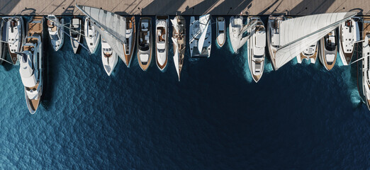 Aerial view of the yacht club. Aerial top-down view of docked sailboats. Top down view of yachts. 3d visualisation