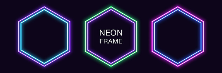 Neon hexagon Frame. Set of hexagonal neon Border with double outline. Geometric shape