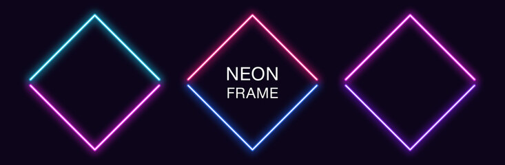 Neon rhomb Frame. Set of rhombus neon Border in 2 angular parts. Geometric shape