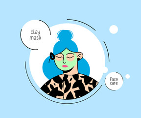 Cartoon character girl takes care of her face. Doodle style vector illustration. Various facial treatments. Vector illustration. Facial care, beauty, cosmetics, make-up, healthy lifestyle
