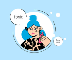 Cartoon character girl takes care of her face. Doodle style vector illustration. Various facial treatments. Vector illustration. Facial care, beauty, cosmetics, make-up, healthy lifestyle