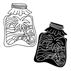 Vector black and white isolated lined design of sea landscape with remote exotic island in jar