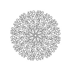 Monochrome Beautiful decorative lace Mandala, stylized twigs with round leaves. The Design Element of Meditation. Page of a Coloring Book, art therapy.