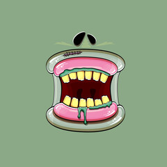 Vector cartoon funny silly zombie monster mouth with rotten teeth isolated on a green background. Vector happy Halloween kids t-shirt design template with funky monster mouth