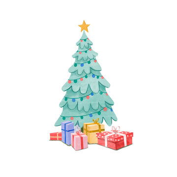 Christmas tree with gift boxes. Watercolor illustration 