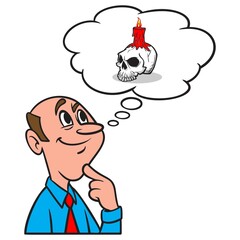 Thinking about Witchcraft - A cartoon illustration of a man thinking about Witchcraft.