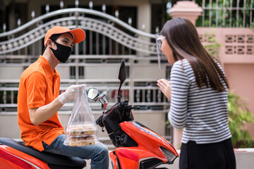 Mad deliveryman with mask look at delay customer