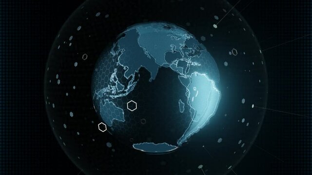 Futuristic hologram style looping animation of earth globe spinning, digital network, business.
