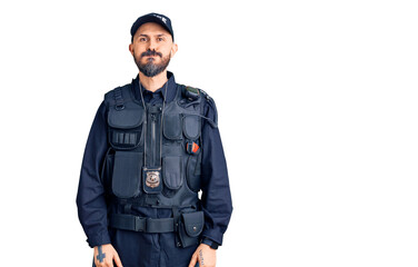 Young handsome man wearing police uniform puffing cheeks with funny face. mouth inflated with air, crazy expression.