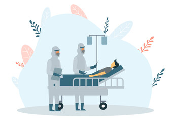 coronavirus covid 19 treatment background of coronavirus covid 19 patient on bed with doctors in PPE coverall suit in hospital negative pressure quarantine room.