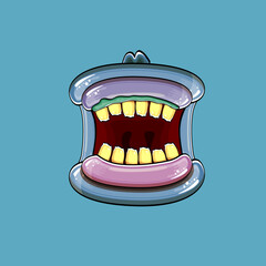 Vector cartoon funny silly zombie monster mouth with rotten teeth isolated on a blue background. Vector happy Halloween kids t-shirt design template with funky monster mouth