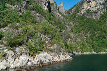 Preikestolen rock view from Lysefjord, Norway, Pulpit rock is natural Norwegian landmark.