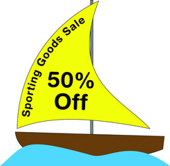 A sporting good sale sign. The sign is in the shape of a sailboat. Flat clip art.