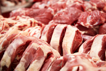 Fresh meat, pork steaks, beef.  Farm meat on the market.