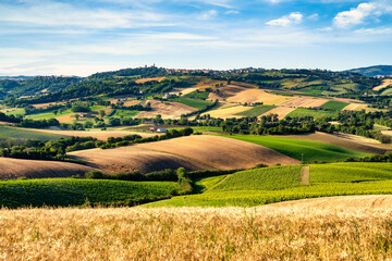 Countryside, landscape and cultivated fields. Marche, Italy - 386212795