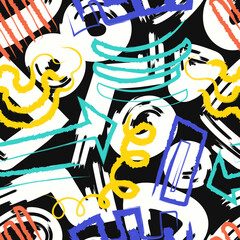 vector colorful rough doodle freeform lines brush stroke overlapped seamless pattern on black