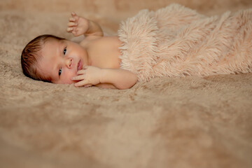 Newborn baby sleeping, resting on her own hands and elbows, on brown background