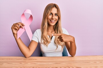 Beautiful blonde young woman holding pink cancer ribbon smiling happy pointing with hand and finger