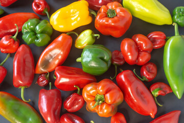 Green, yellow and red bell pepper isolated on black background, top view