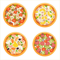 Vector pizza set isolated on white background. Top view pizza with ingredients