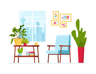Vector illustration with cozy interior. Window, table with house plants, scandinavian armchair and painting on the wall