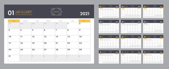 Calendar 2021 vector basic grid. Simple design template