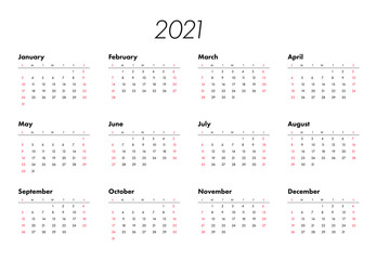 Calendar 2021 vector basic grid. Simple design template