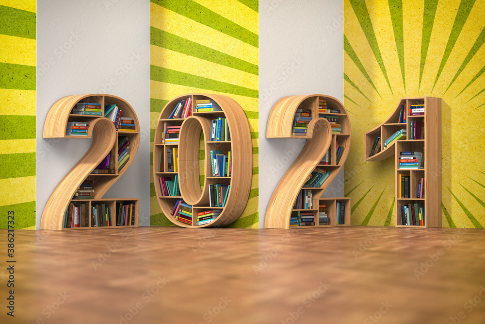 Poster 2021 new year education concept. bookshelves with books in the form of text 2021.