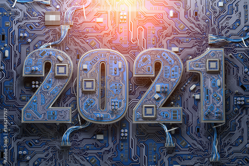 Poster 2021 on circuit board or motherboard with cpu. Computer technology and internet commucations digital concept background. Happy new 2021 year.