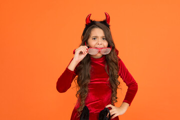 no way. teen girl ready to celebrate costume party. be in trend. happy halloween. smiling child in devil horns. kid wear funny party glasses. just having fun. childhood happiness