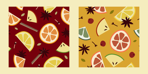 Christmas mulled wine with citrus fruit, apple, cinnamon, clove, cardamom, anise. Red and white wine, sangria, apple cider. Winter hot drink. Traditional xmas beverage. Vector cartoon seamless pattern