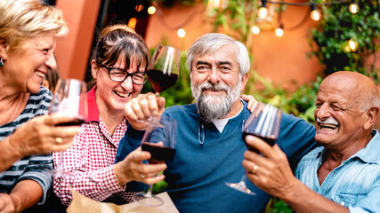Happy senior friends having fun toasting red wine at dinner party - Retired people drinking at restaurant together - Dinning friendship concept on warm vivid filter - Focus on bearded hipster man