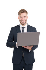 Happy employee in formal style suit use laptop computer device for working online, technology