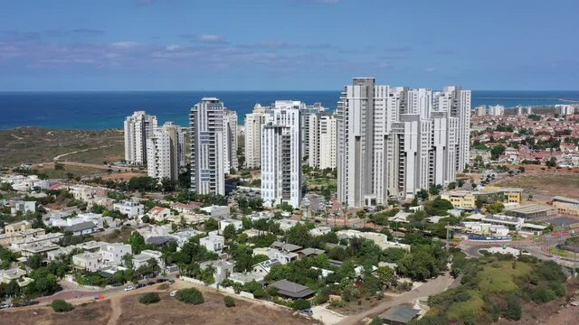 Givat Olga skyline, located on Hadera west side, with The Mediterranean Sea in the background